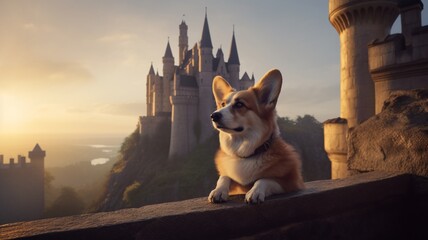 Corgi dog animal the king in medieval castle AI Generated pictures