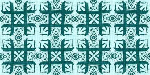 Teal green white vibrant watercolor batik azulejos tile border banner background. Seamless aqua coastal blur linen effect geometric mosaic effect.Boho Patchwork nautical masculine summer ribbon trim. 
