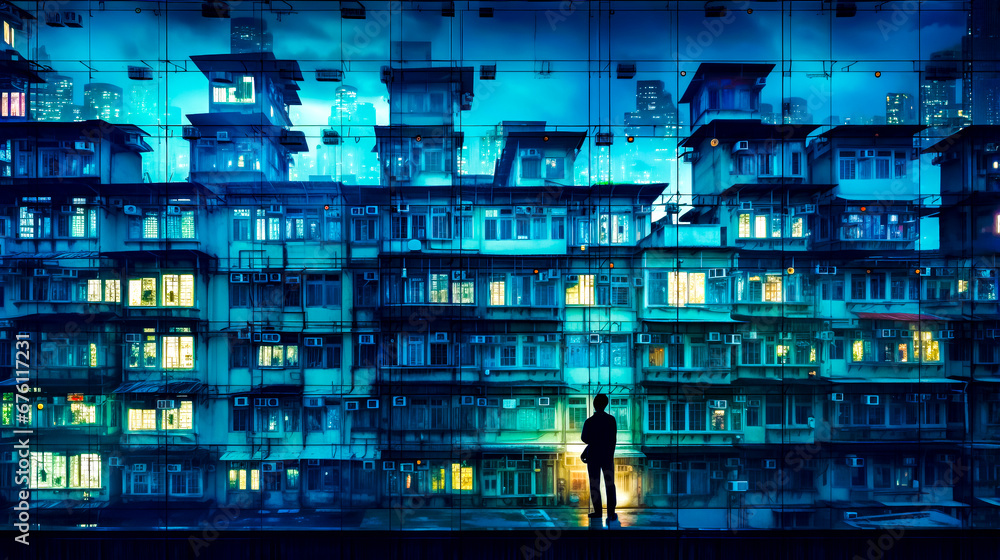Aufkleber man standing in front of building with lots of windows at night.