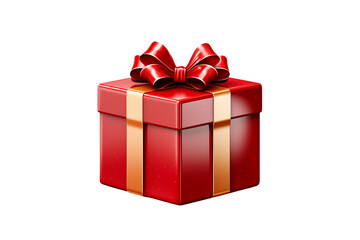 Obraz premium Red gift with gold ribbon and red bow isolated on transparent background. Holiday celebration and gift giving concept. AI generated content.