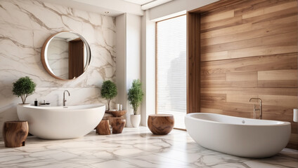 Luxury bathroom with white marble floor and wooden wall