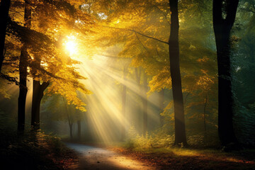 Obraz premium Beautiful autumn landscape with bright sun light and leaves. Sun rise over autumn forest with yellow leaves. Colorful trees in the forest with the rays of sun shining on the leaves
