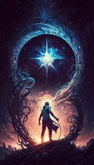 Fototapeta na wymiar A fantasy mystical magician immersed in a magical doorway, a spiritual symbol in the form of a star. Vertical poster for display and cover, spell and magic of a male character from a gothic tale