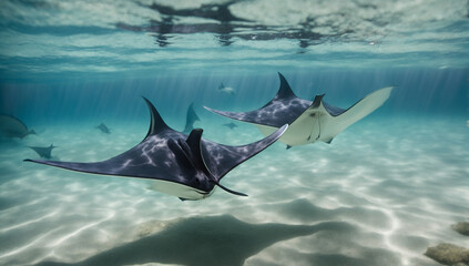 Gentle giant manta rays gliding through the crystal-clear waters - AI Generative - obrazy, fototapety, plakaty