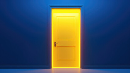 Bright, colorful entrance with yellow light comming from the open door, blue wall, opportunity concept