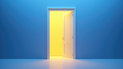 Bright, colorful entrance with yellow light comming from the open door, blue wall, opportunity concept