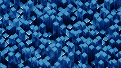 3D Futuristic cubes blue glass background Abstract geometric grid pattern.