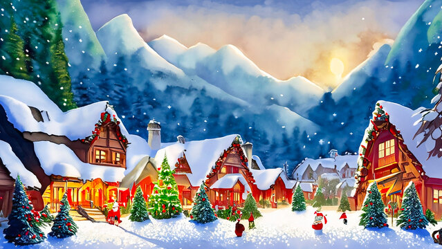 Christmas time in small mountain village. Cartoon illustration. AI generated