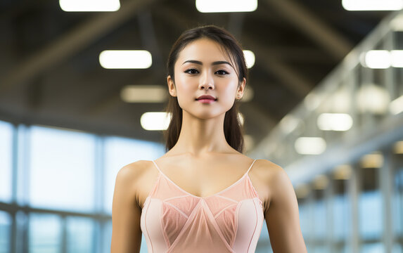 Young asian ballerina in dance studio - ballet and dancer concept