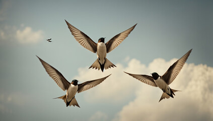 Graceful swallows swooping and diving in synchronized flight - AI Generative - obrazy, fototapety, plakaty