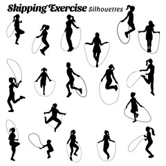 Set of illustration silhouette woman jumping rope
