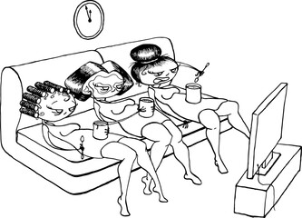 ControlCenter2A vector illustration of three women having a girl's night. They are sitting comfortably in a sofa in front of a tv, eating ice cream, wearing face masks. The clock stands at 5 to 12. 