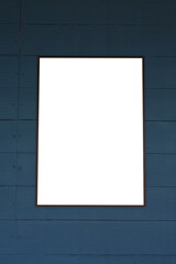 Empty picture frames on a dark wooden blue wall. - 676120468