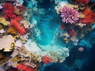 Naklejka na ściany i meble Aerial view of a coral reef, vivid colors, complex organic texture, surreal