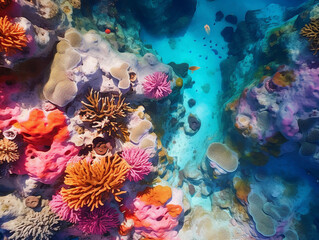 Aerial view of a coral reef, vivid colors, complex organic texture, surreal