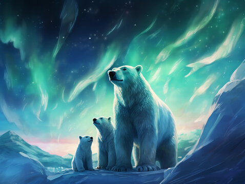 Arctic tundra, Yeti family, aurora borealis filling the night sky, icy blue and green colors, cold, crystalline environment
