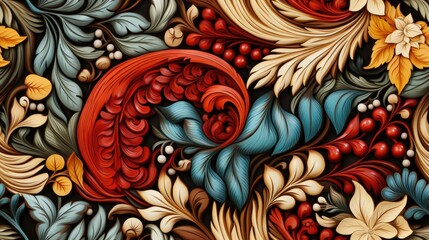 seamless colorful russian ornamental seamless wallpaper in the style of realism with fantasy elements and flowing forms - obrazy, fototapety, plakaty
