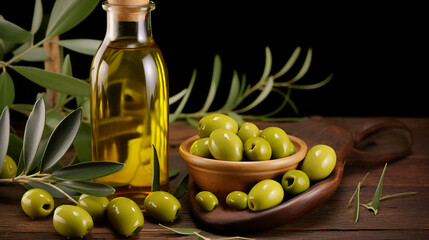 Bottle of olive oil and olives on a wooden table.