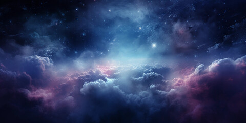 Cosmic nebula-like clouds in deep blues and purples, punctuated by bursts of bright white stars, fantastical, immersive