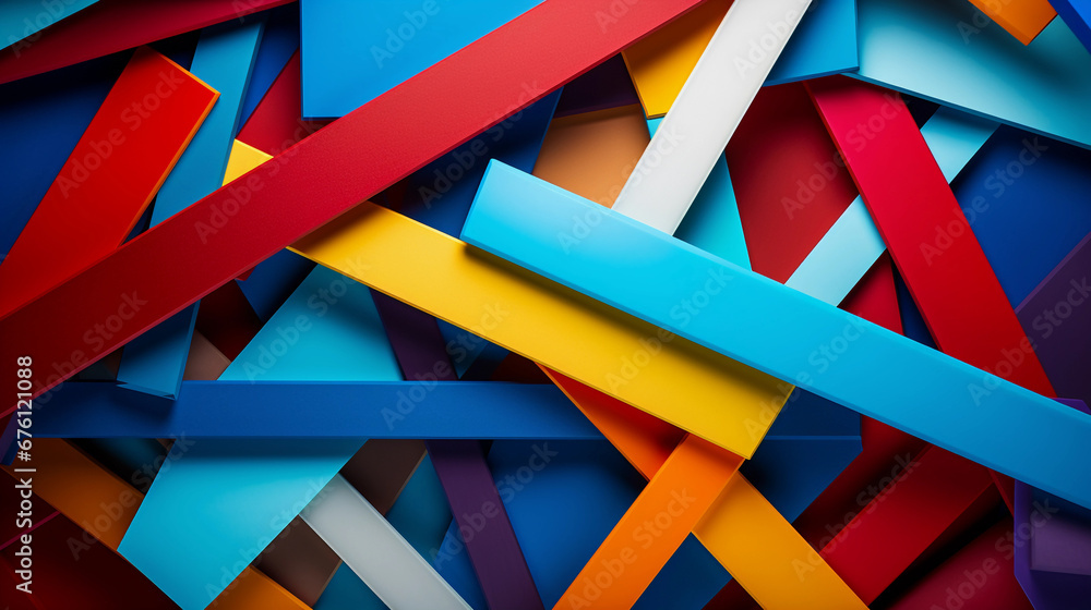 Poster geometric shapes in vivid hues, intersecting and overlapping, evoking a sense of dynamic movement