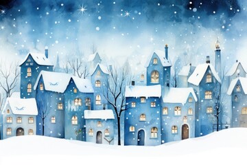 blue winter landscape with houses, seamless pattern, background