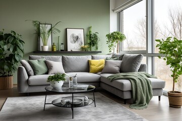 modern living room with grey sofa and green plants