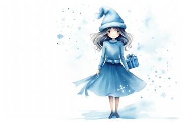 Fototapeta premium Watercolor illustration with little girl in winter clothes with a Christmas gift 