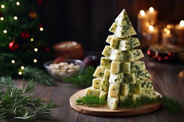 Cheese board on background of fir branches and candles. Cheese appetizers in shape of christmas...