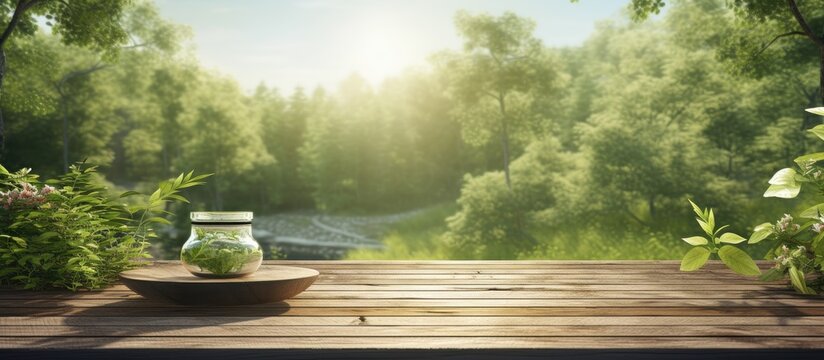 The background image depicts a tranquil scene of nature with a lush green landscape and a serene wooden pathway leading through the trees The air is filled with the healing aroma of natural