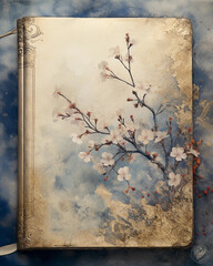 Watercolor painting of a vintage book cover, textured paper, flowing pigments, delicate details