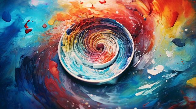 Watercolor paint palette, mesmerizing swirls of vivid colors, brushes arranged in Fibonacci spiral