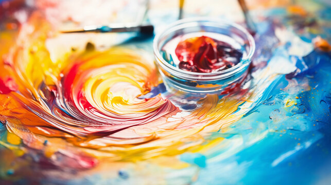 Watercolor paint palette, mesmerizing swirls of vivid colors, brushes arranged in Fibonacci spiral