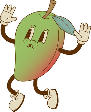 Naklejki Retro cartoon mango character Vector illustration. Jump fruit mascot in groove style. Nostalgia 70s, 80s.