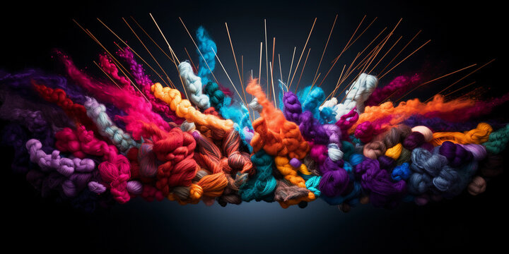 A cascade of knitting yarns falling from the sky, multiple colors creating a rainbow effect, knitting needles crossed