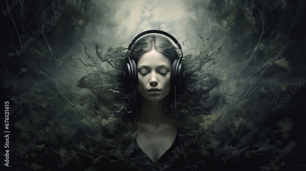 Wall mural Beautiful model woman with long hairstyle. Headphones and musical themed