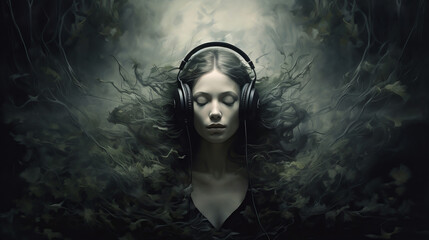 Beautiful model woman with long hairstyle. Headphones and musical themed