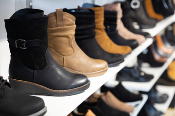 Closeup of comfortable winter boots for sale on shop window. Selective focus of black womens wedge...