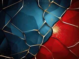 Modern Geometric Abstract Background with Blue and Red Polygonal Shapes Accented by Golden Lines