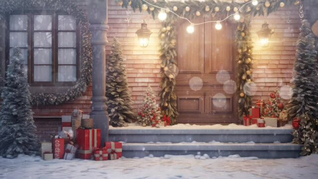 Christmas decorations in front of the house with falling snow. with cartoon style. seamless looping time-lapse virtual video animation background.