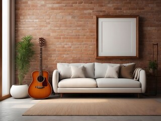 Modern industrial interior living room, blank white photo frame mock up, acoustic guitar concept background