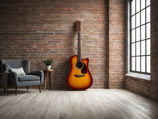 Acoustic wooden guitar leaning on aged brick wall, music instrument concept background