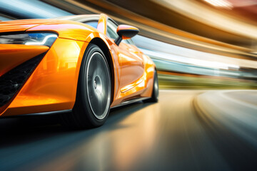 Yellow sport car driving fast, motion blur