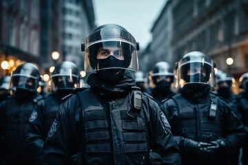 Police in helmets and protective uniform in the street