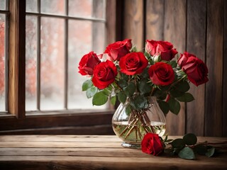 Red roses in vase isolated on wooden background, love and romance concept background, template, copy space text