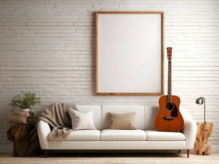 Modern industrial interior living room, blank white photo frame mock up, acoustic guitar concept background