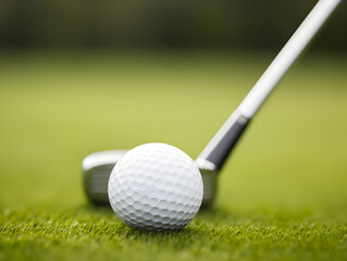Detailed view of a golf iron club head against the serene backdrop of a course.