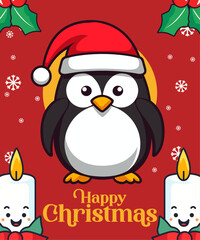 Santa Hat Penguin: A Charming Christmas Cartoon Character Vector for Winter Holiday Party