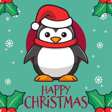 Winter Holiday Fun: Adorable Penguin Character in Santa Hat Vector for Kids’ Party