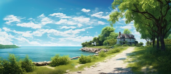 On a summer day I gazed out at the breathtaking landscape of the old beach house where the brilliant blue sky met the shimmering sea and the lush green trees lined the vintage road that led  - obrazy, fototapety, plakaty