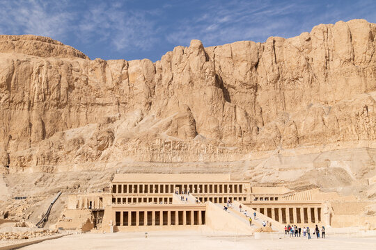 Hatshepsut temple built into the red rock mountains in Luxor, Egypt